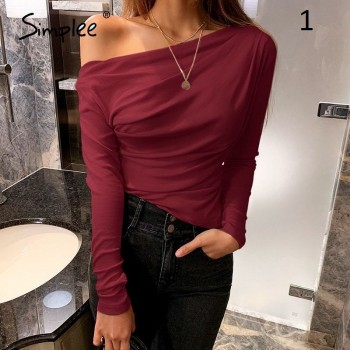Simplee Casual one shoulder women top Summer long sleeve t-shirt female tops Sexy asymmetric slim solid ladies tops shirts 2020